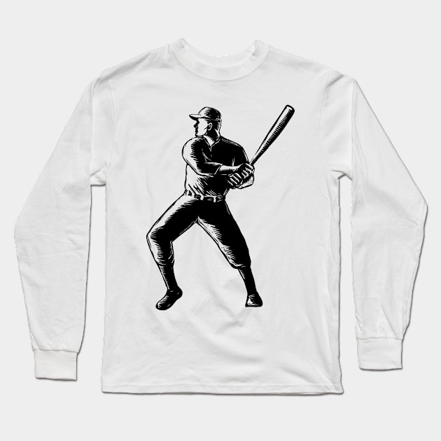 Baseball Player Batting Woodcut Black and White Long Sleeve T-Shirt by patrimonio